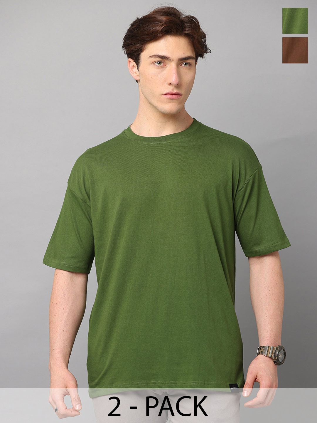 

SILISOUL Pack of 2 Drop Shoulder Sleeves Bio Finish Oversized Pure Cotton T-shirts, Green