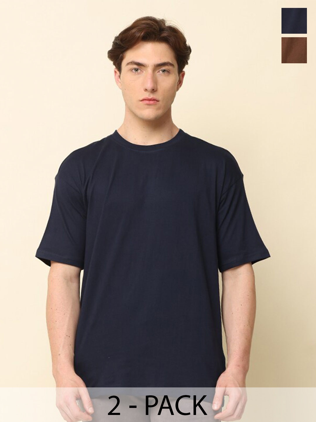 

SILISOUL Pack of 2 Drop Shoulder Sleeves Bio Finish Oversized Pure Cotton T-shirts, Navy blue