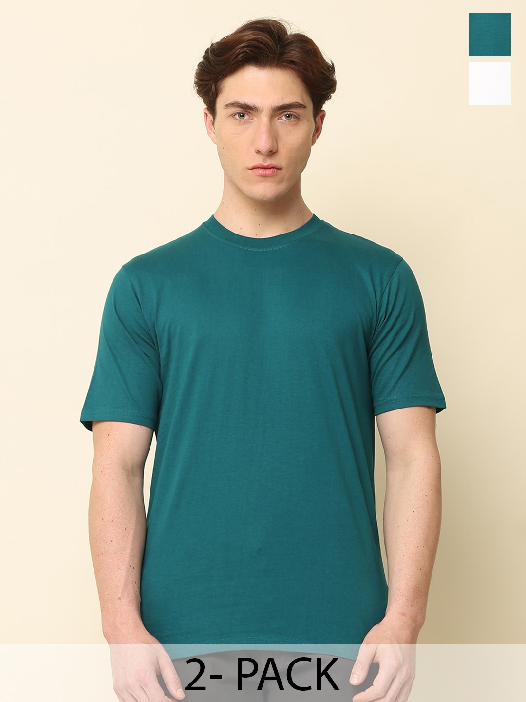 

SILISOUL Pack of 2 Bio Finish Regular Fit Pure Cotton T-shirts, Green