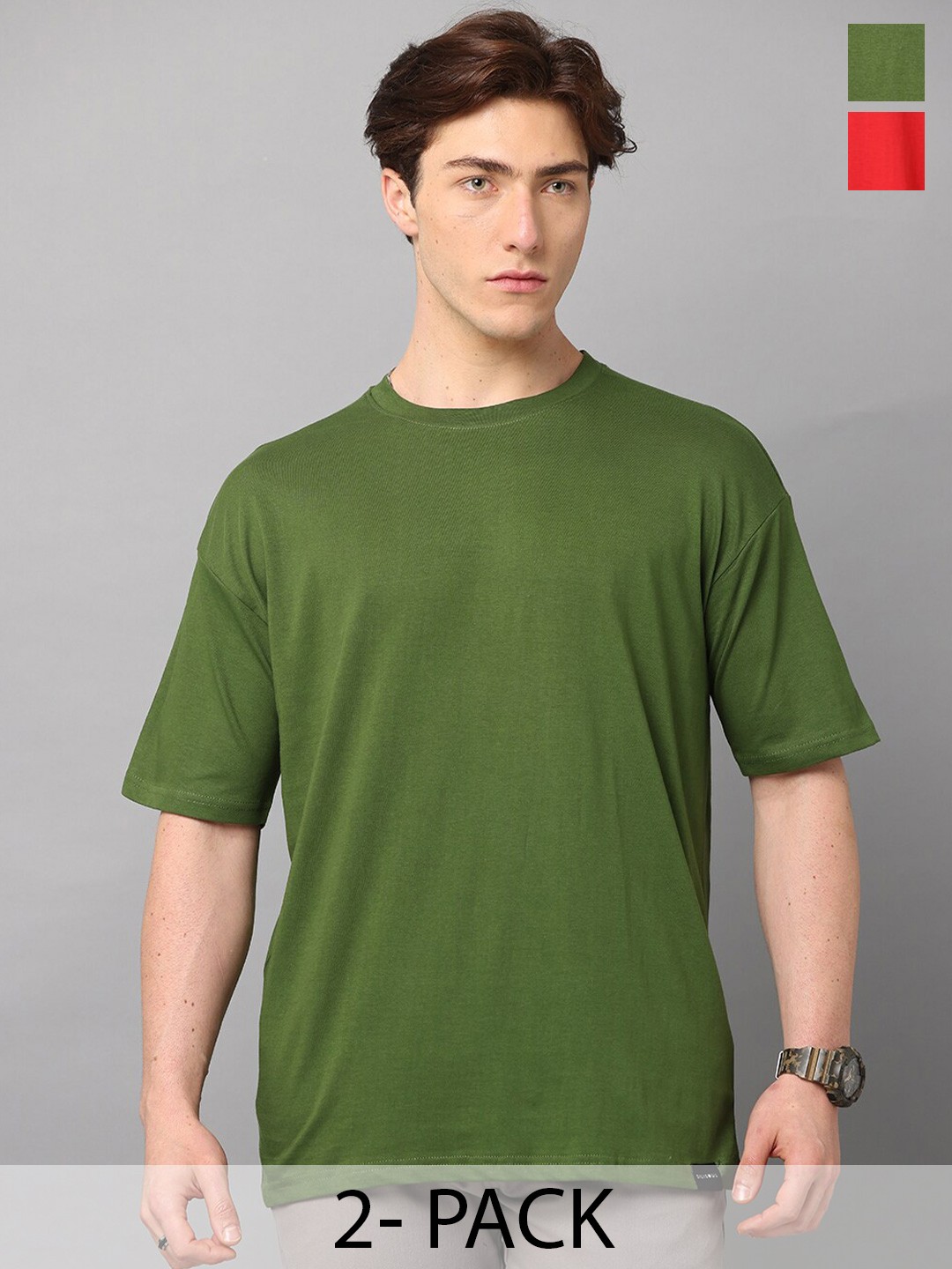 

SILISOUL Pack of 2 Drop Shoulder Sleeves Cotton Bio Finish T-shirts, Green