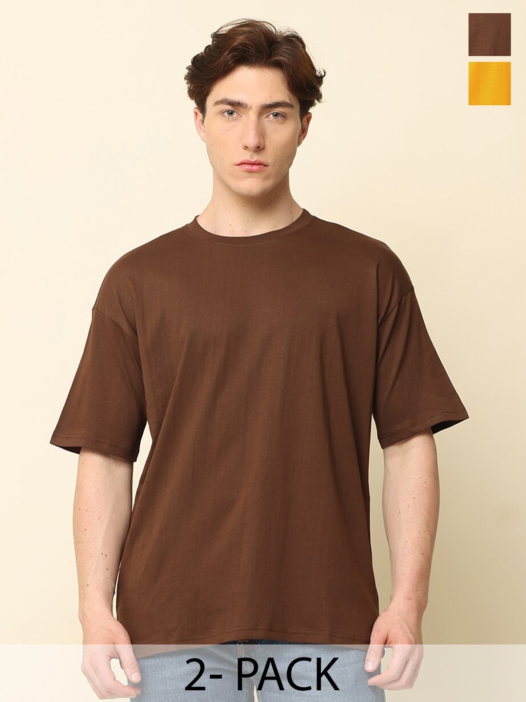 

SILISOUL Pack of 2 Drop Shoulder Sleeves Bio Finish Oversized Pure Cotton T-shirts, Mustard