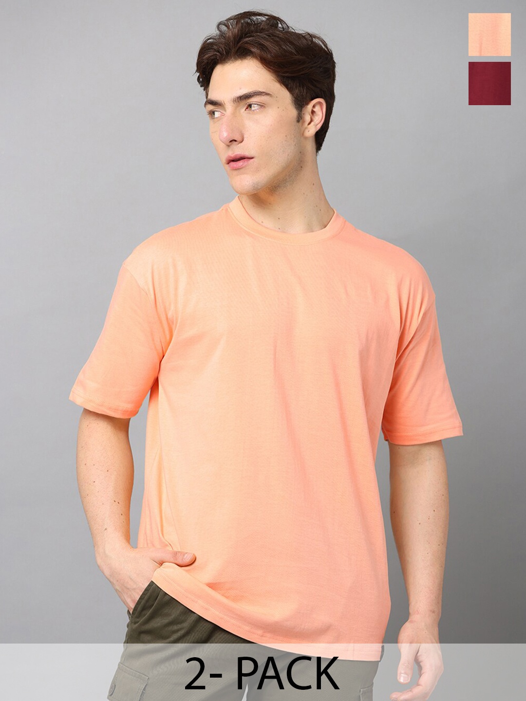 

SILISOUL Pack of 2 Drop Shoulder Sleeves Cotton Bio Finish T-shirts, Peach