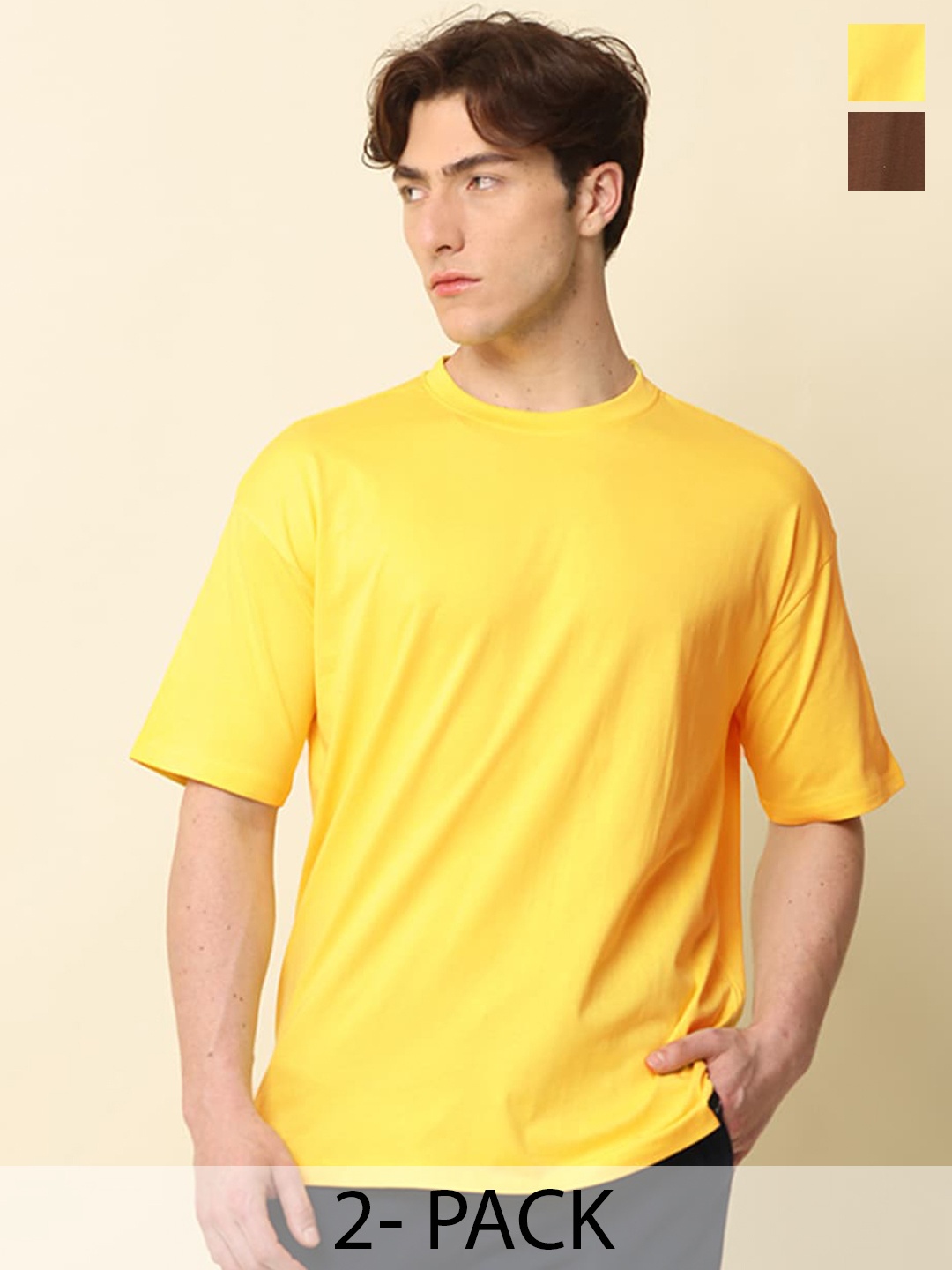 

SILISOUL Pack of 2 Drop Shoulder Sleeves Bio Finish Oversized Pure Cotton T-shirts, Yellow