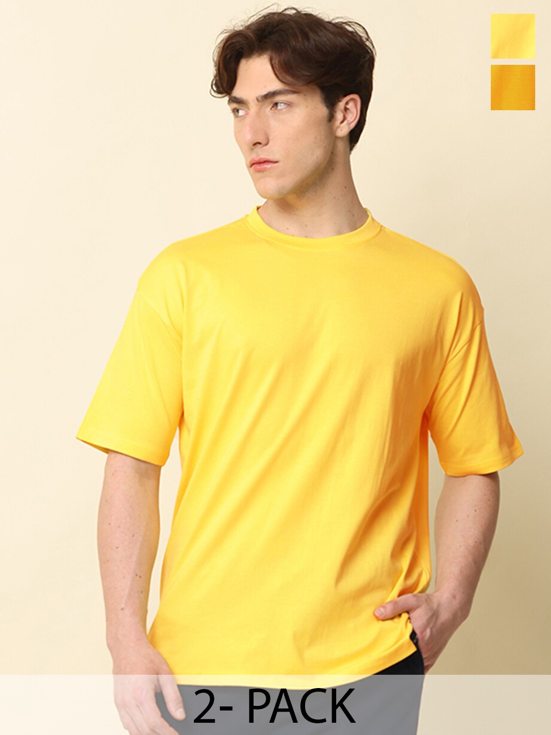 

SILISOUL Pack of 2 Drop Shoulder Sleeves Cotton Bio Finish T-shirts, Yellow