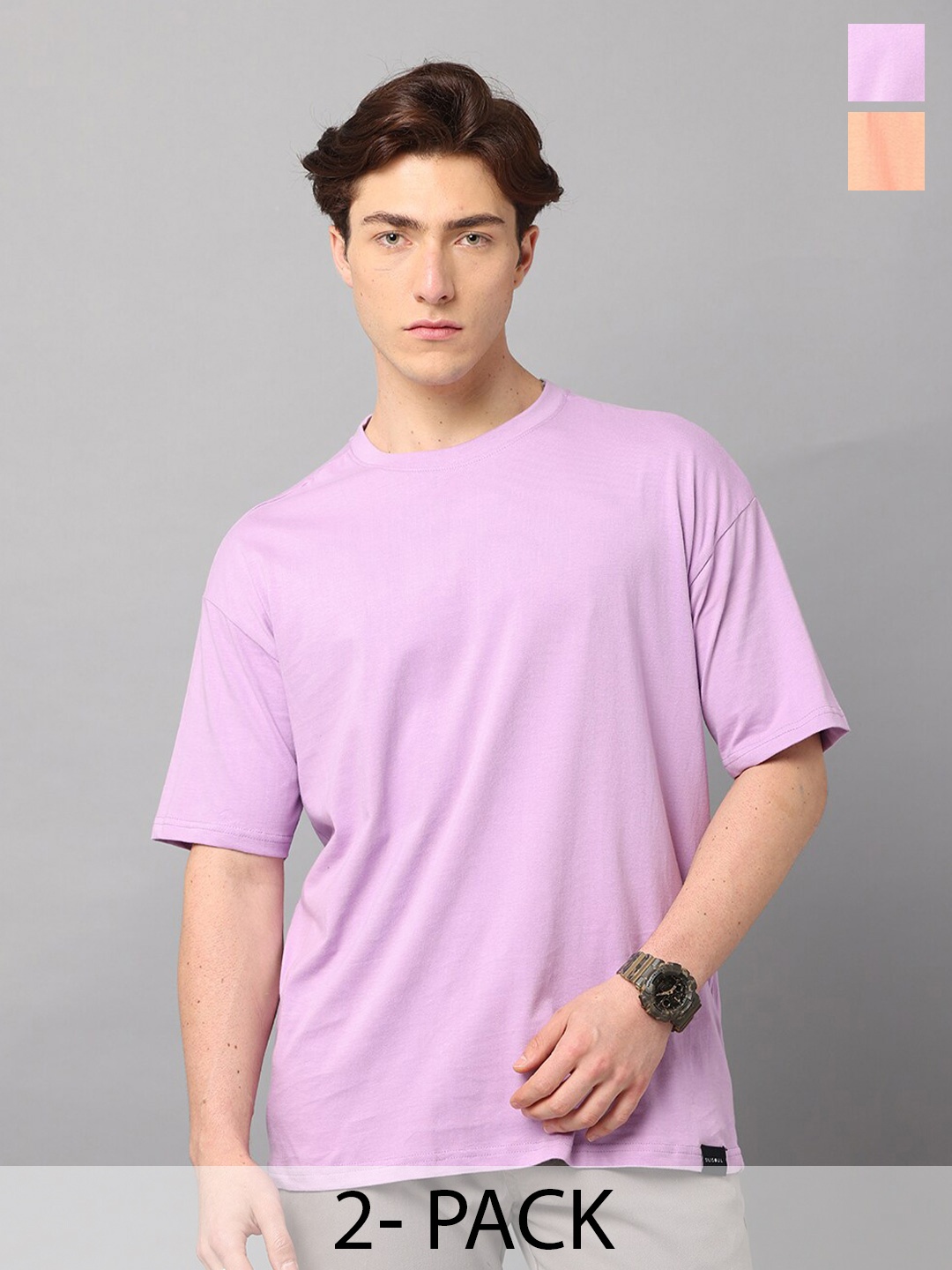 

SILISOUL Pack of 2 Drop Shoulder Sleeves Cotton Bio Finish T-shirts, Lavender