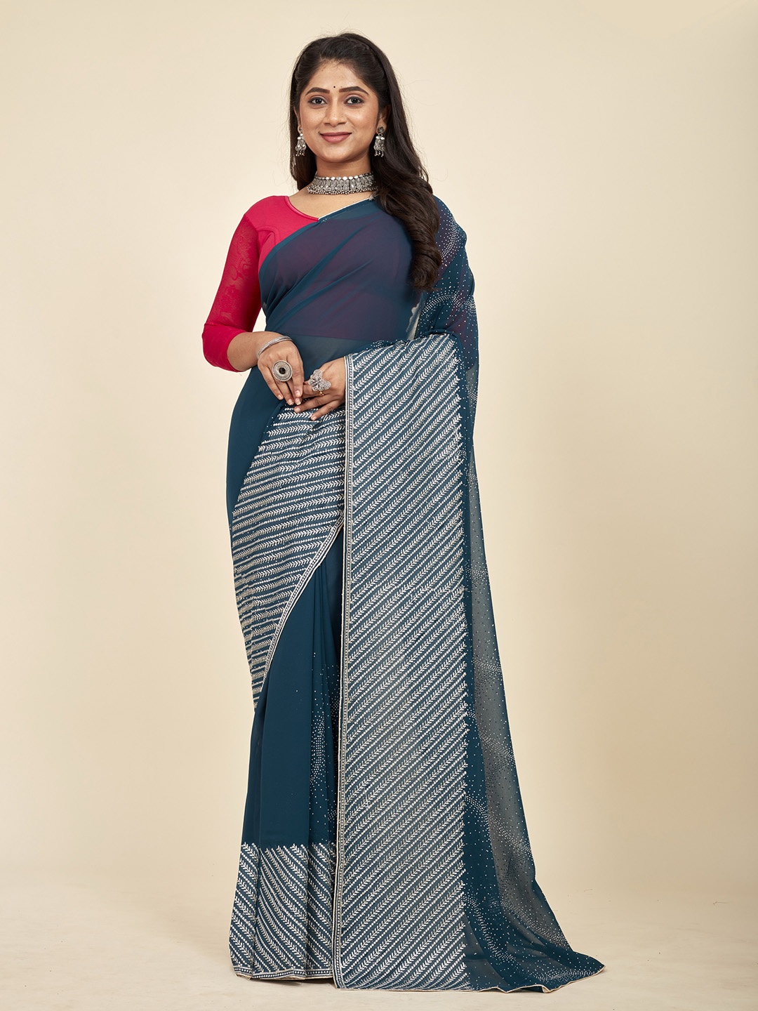 

MAHALASA Embellished Embroidered Pure Chiffon Saree, Teal