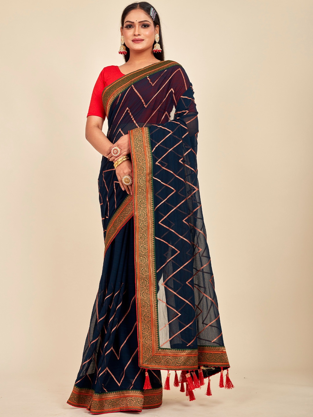 

MAHALASA Geometric Embroidered Zari Saree, Teal