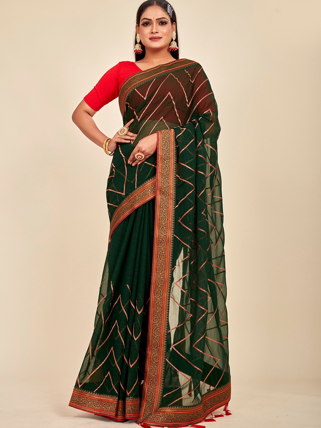 

MAHALASA Embellished Embroidered Pure Chiffon Saree, Olive