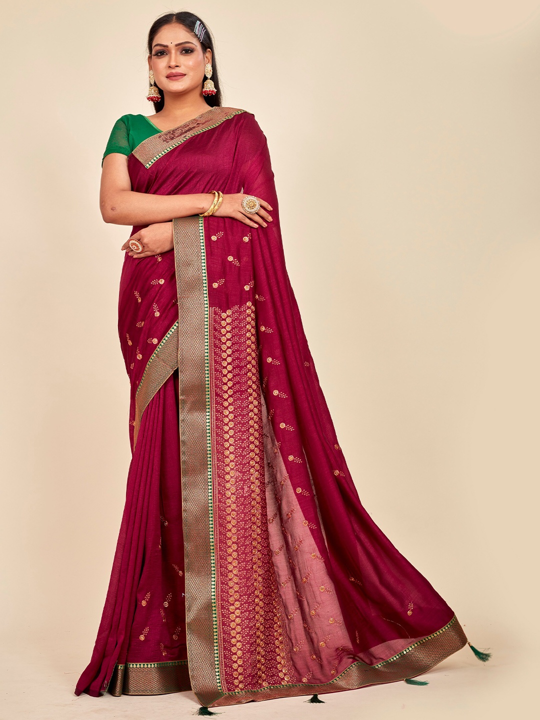 

MAHALASA Floral Embroidered Art Silk Saree, Magenta