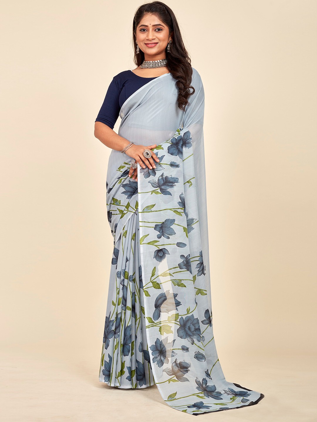 

MAHALASA Printed Pure Georgette Saree, Grey