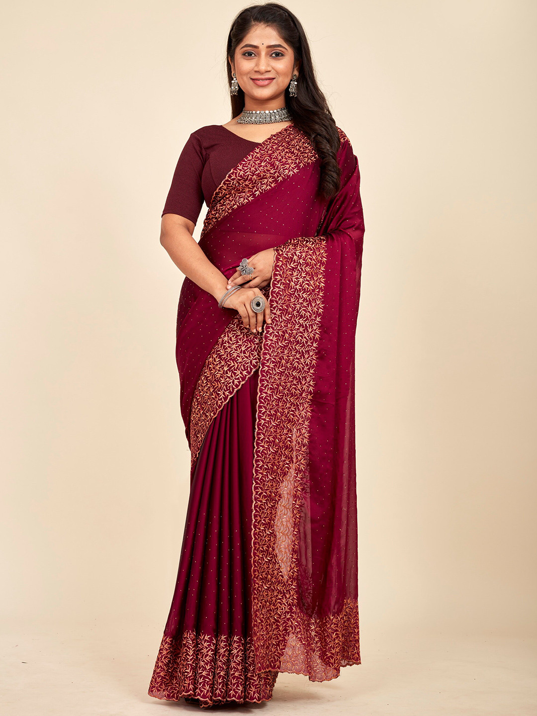 

MAHALASA Embellished Embroidered Saree, Magenta