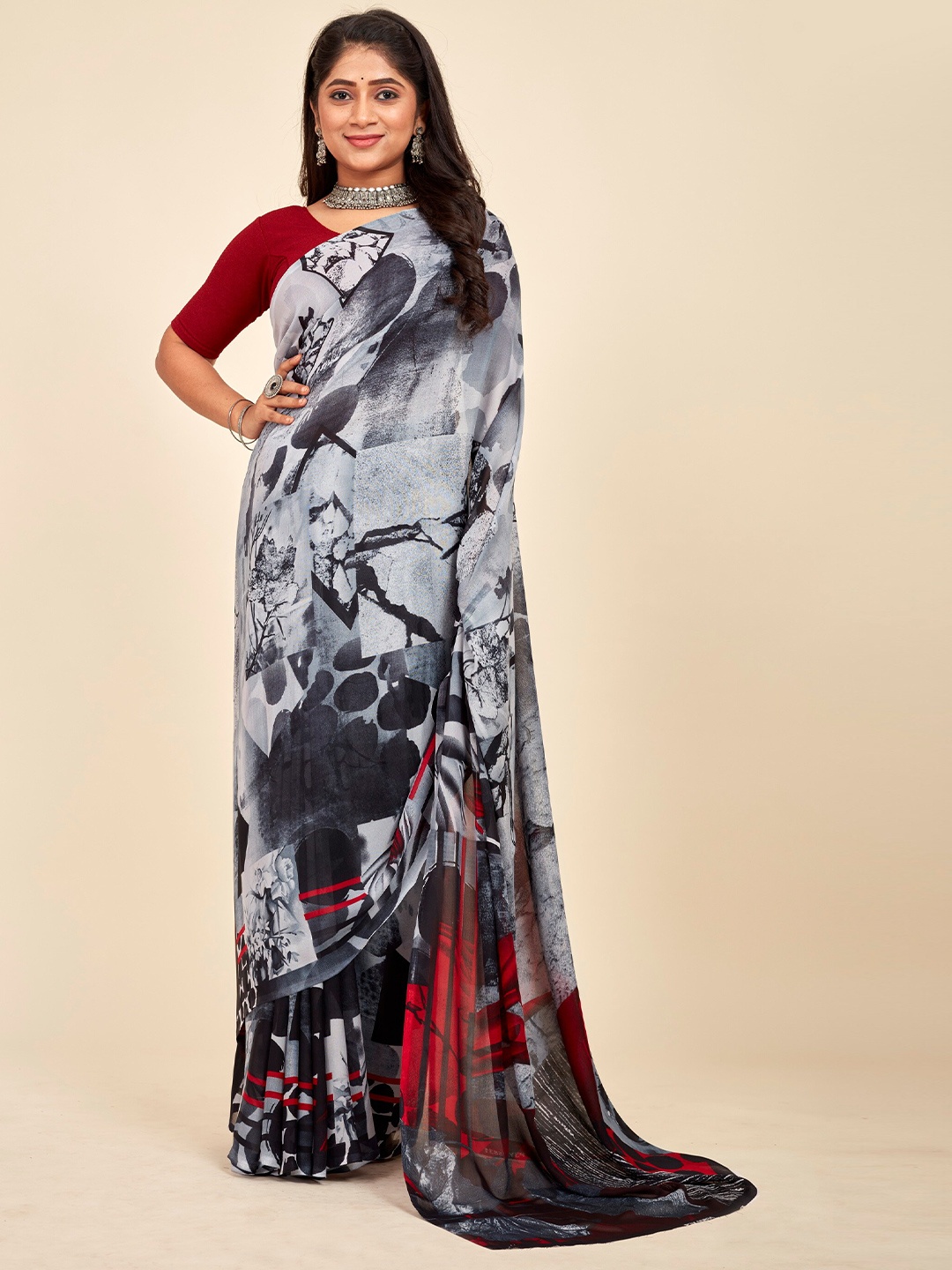 

MAHALASA Printed Pure Georgette Saree, Grey