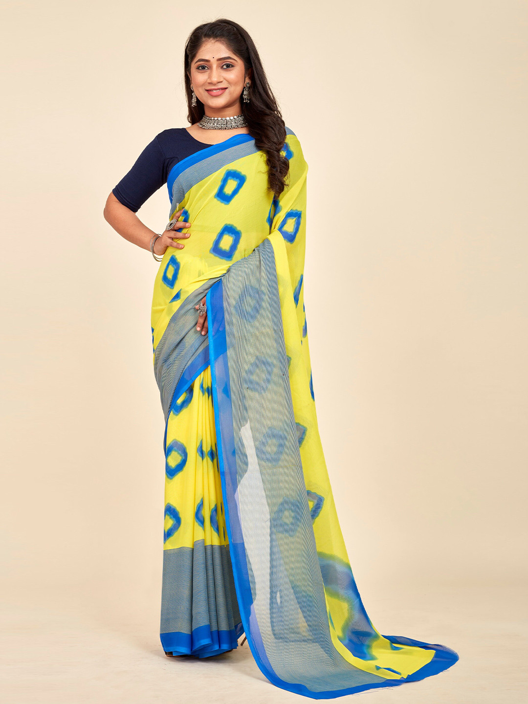 

MAHALASA Printed Pure Georgette Saree, Yellow