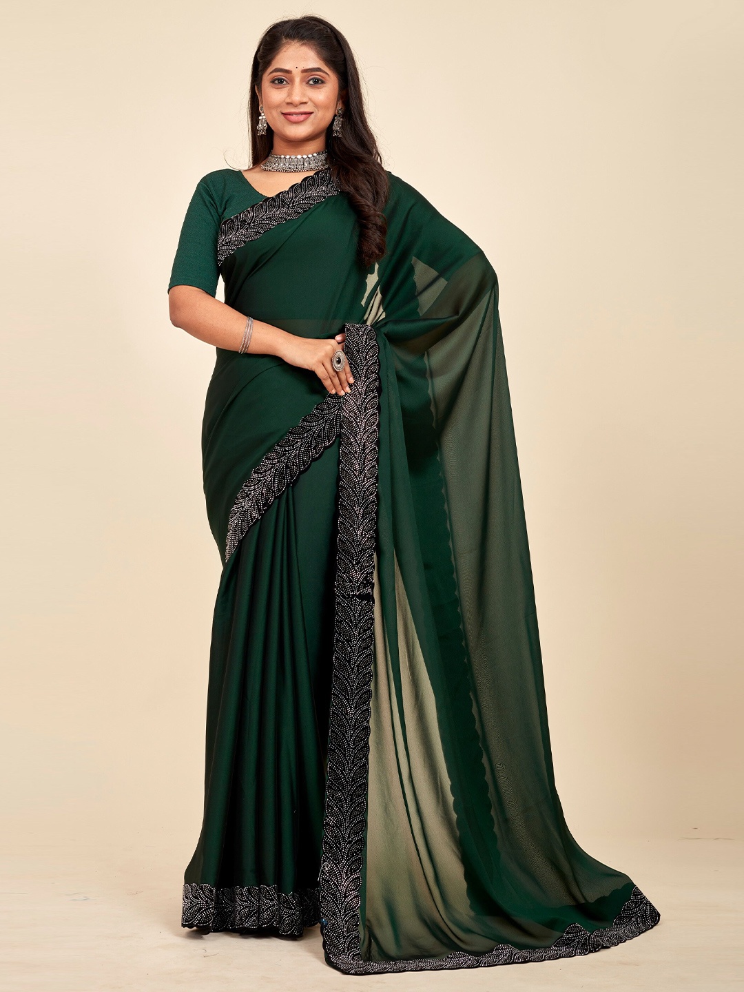 

MAHALASA Olive Green and Black Embellished Beads and Stones Silk Saree