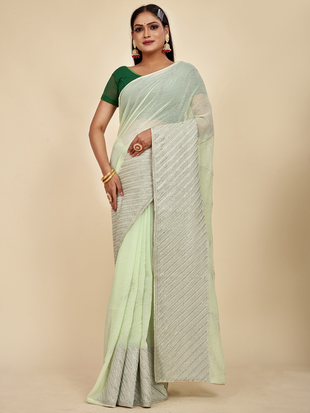 

MAHALASA Green Embellished Embroidered Pure Chiffon Saree