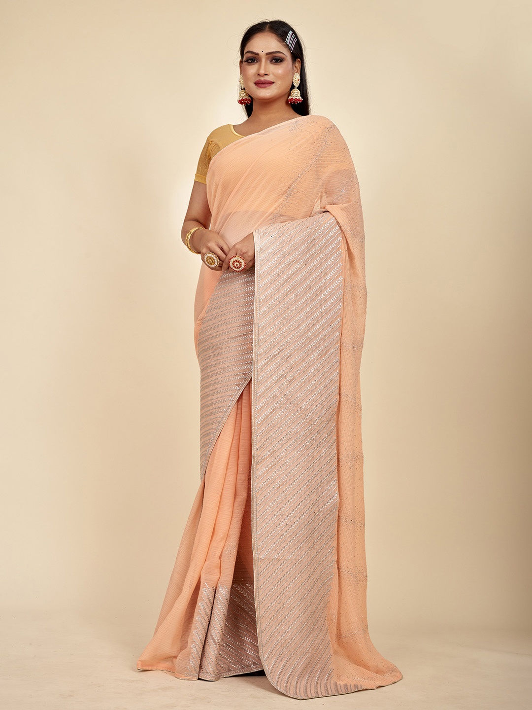 

MAHALASA Embellished Embroidered Pure Chiffon Saree, Peach