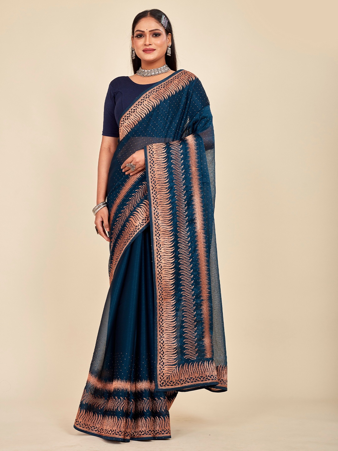 

MAHALASA Embellished Embroidered Organza Saree, Teal