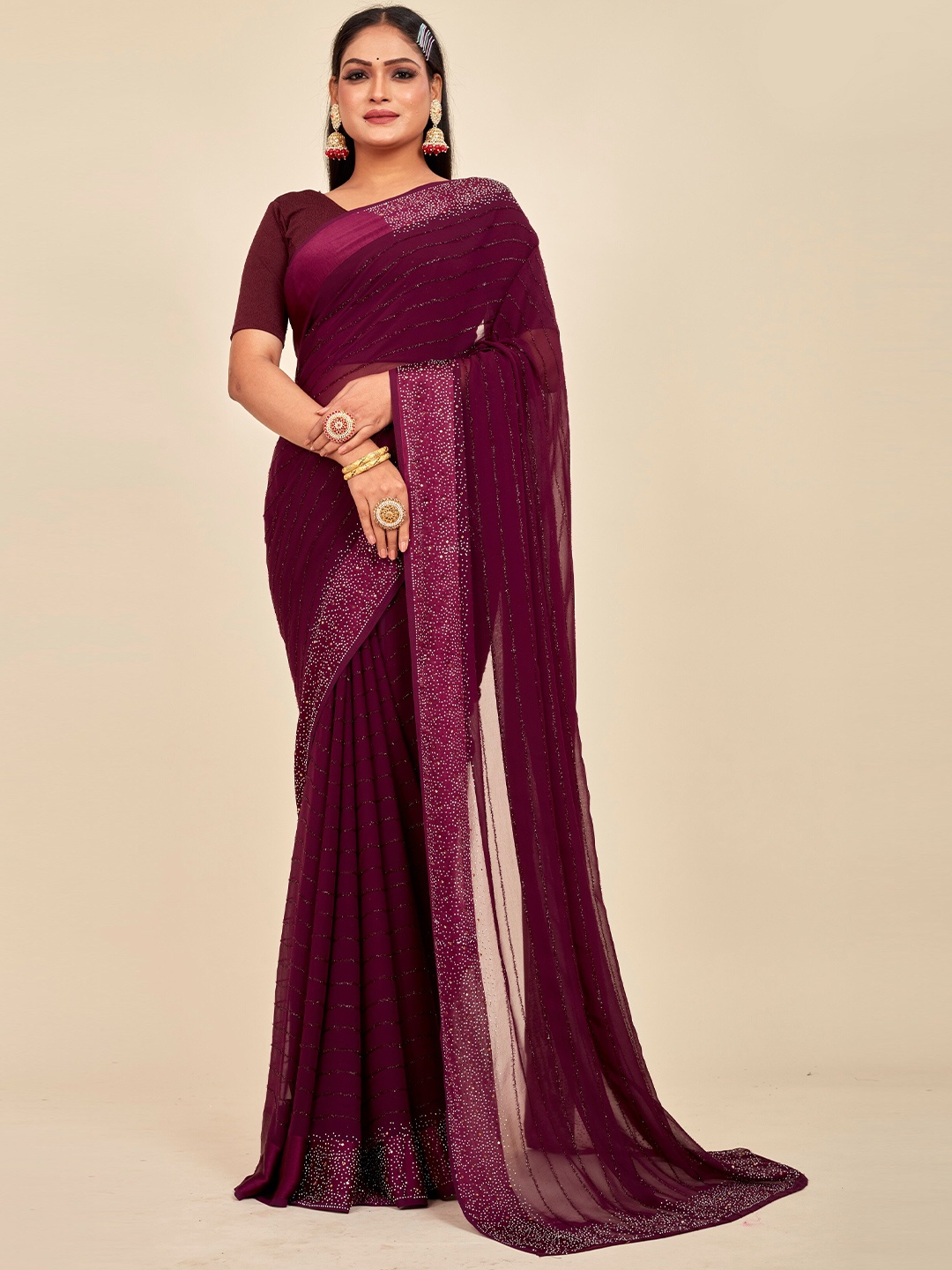 

MAHALASA Striped Embellished Embroidered Pure Georgette Saree, Magenta