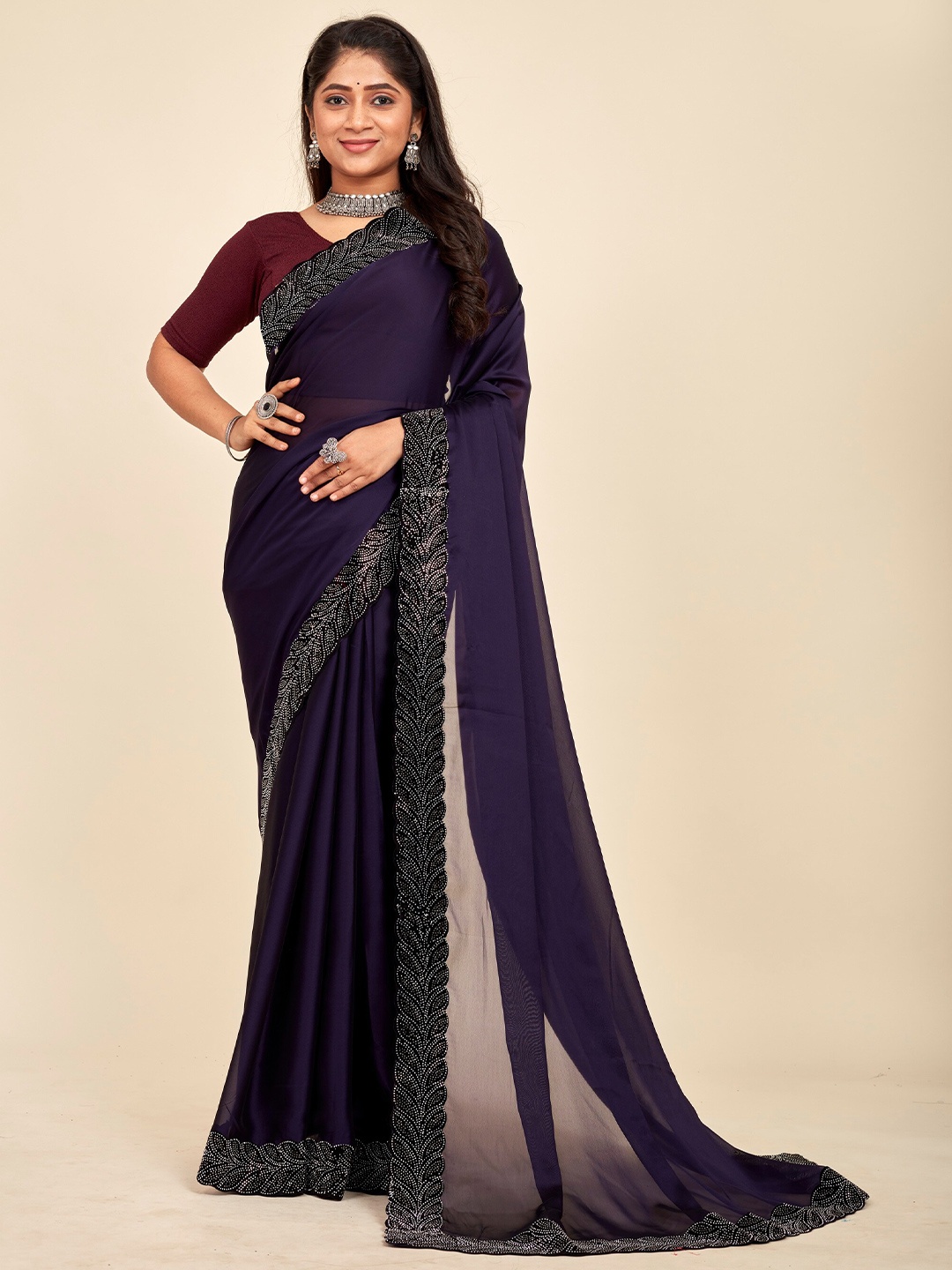 

MAHALASA Beads and Stones Embellished Saree, Navy blue