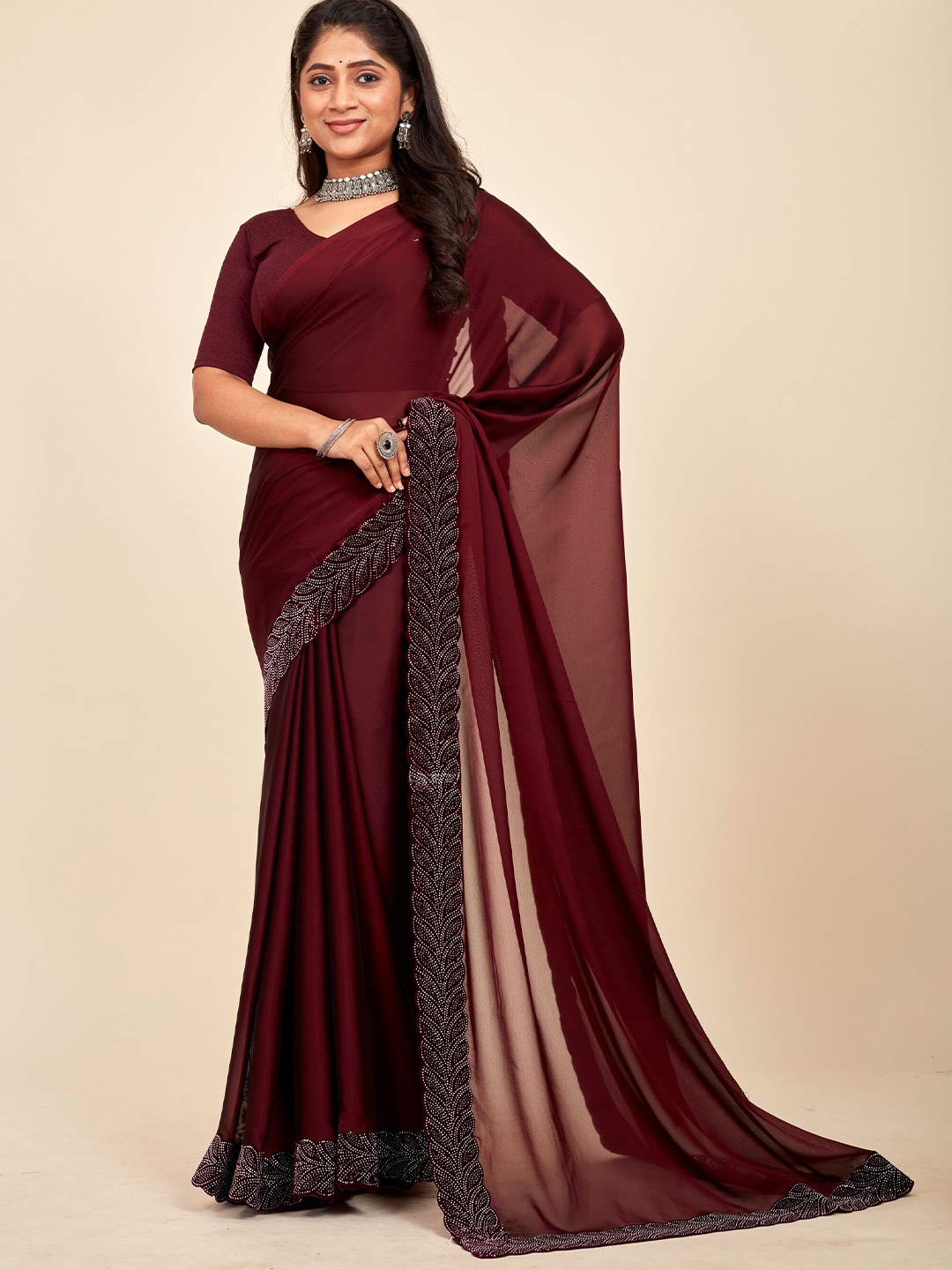 

MAHALASA Beads and Stones Embellished Saree, Coffee brown