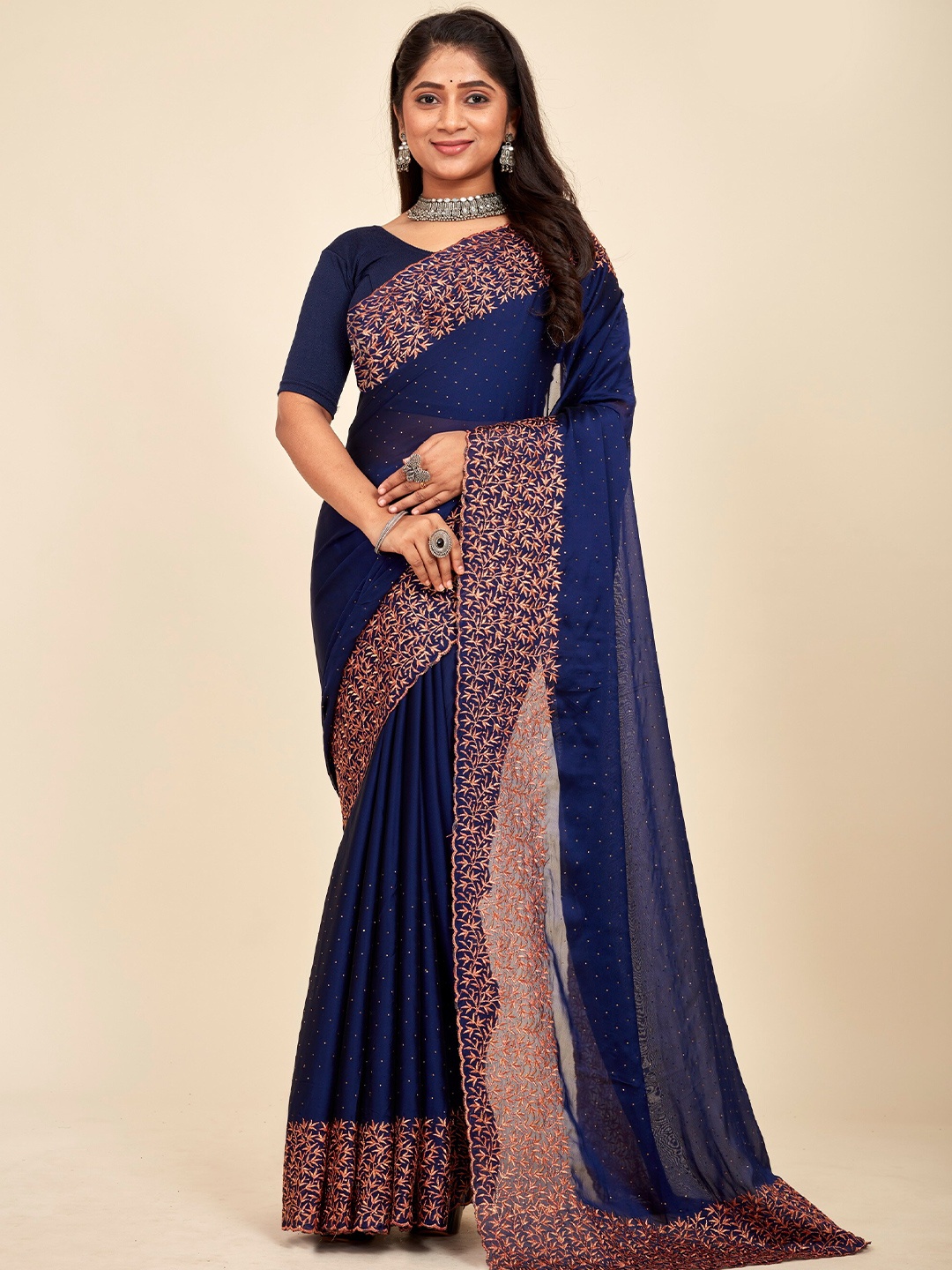 

MAHALASA Navy Blue and Red Embellished Embroidered Silk Saree