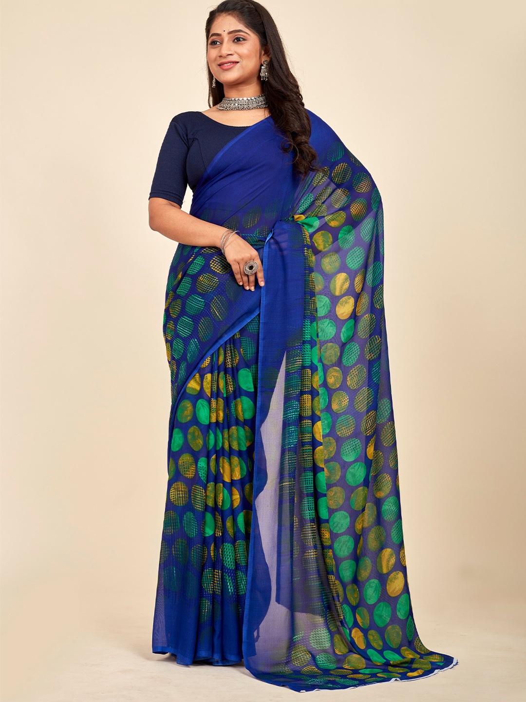 

MAHALASA Navy Blue and Yellow Printed Pure Georgette Saree