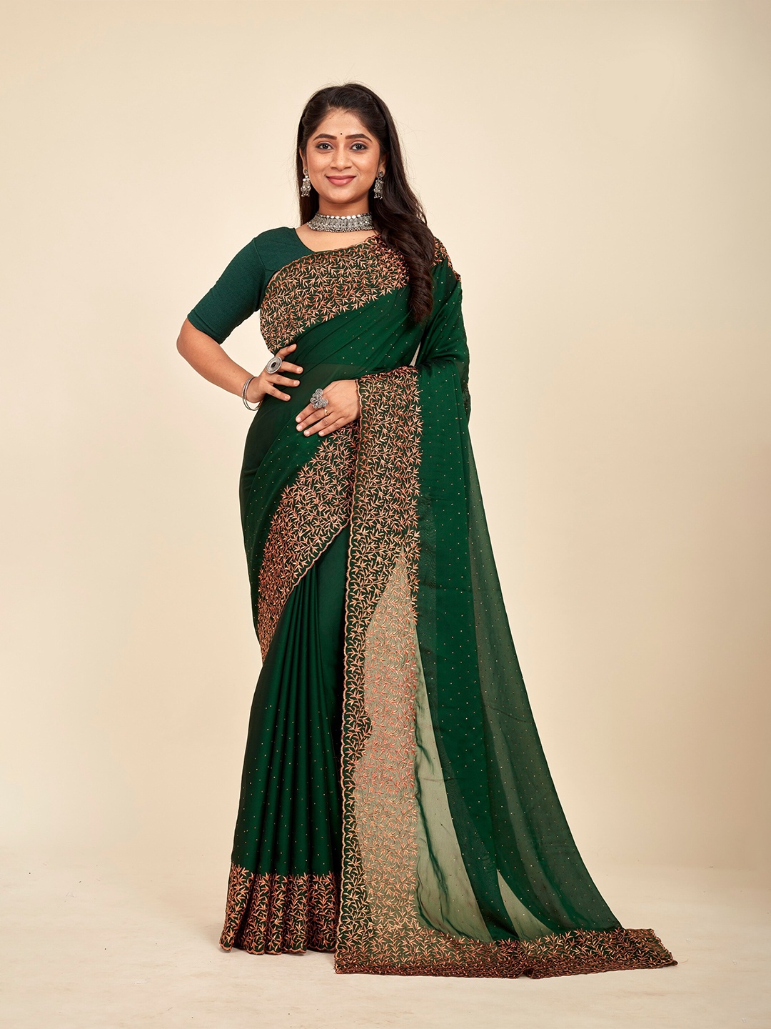 

MAHALASA Embellished Embroidered Saree, Olive