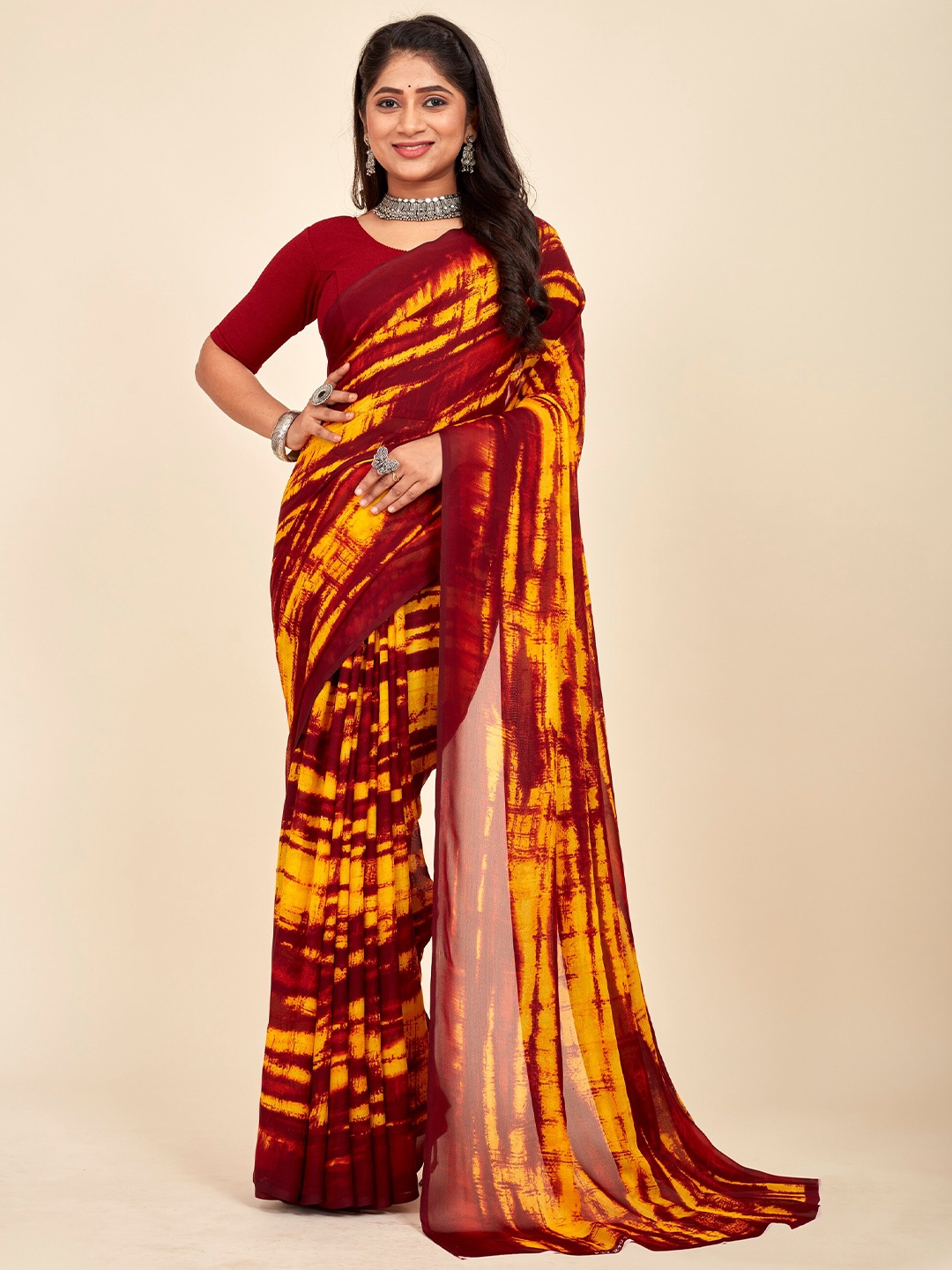

MAHALASA Tie and Dye Pure Dyed Georgette Saree, Maroon