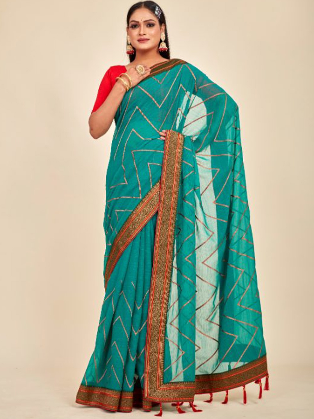

MAHALASA Geometric Embroidered Woven Design Saree, Sea green