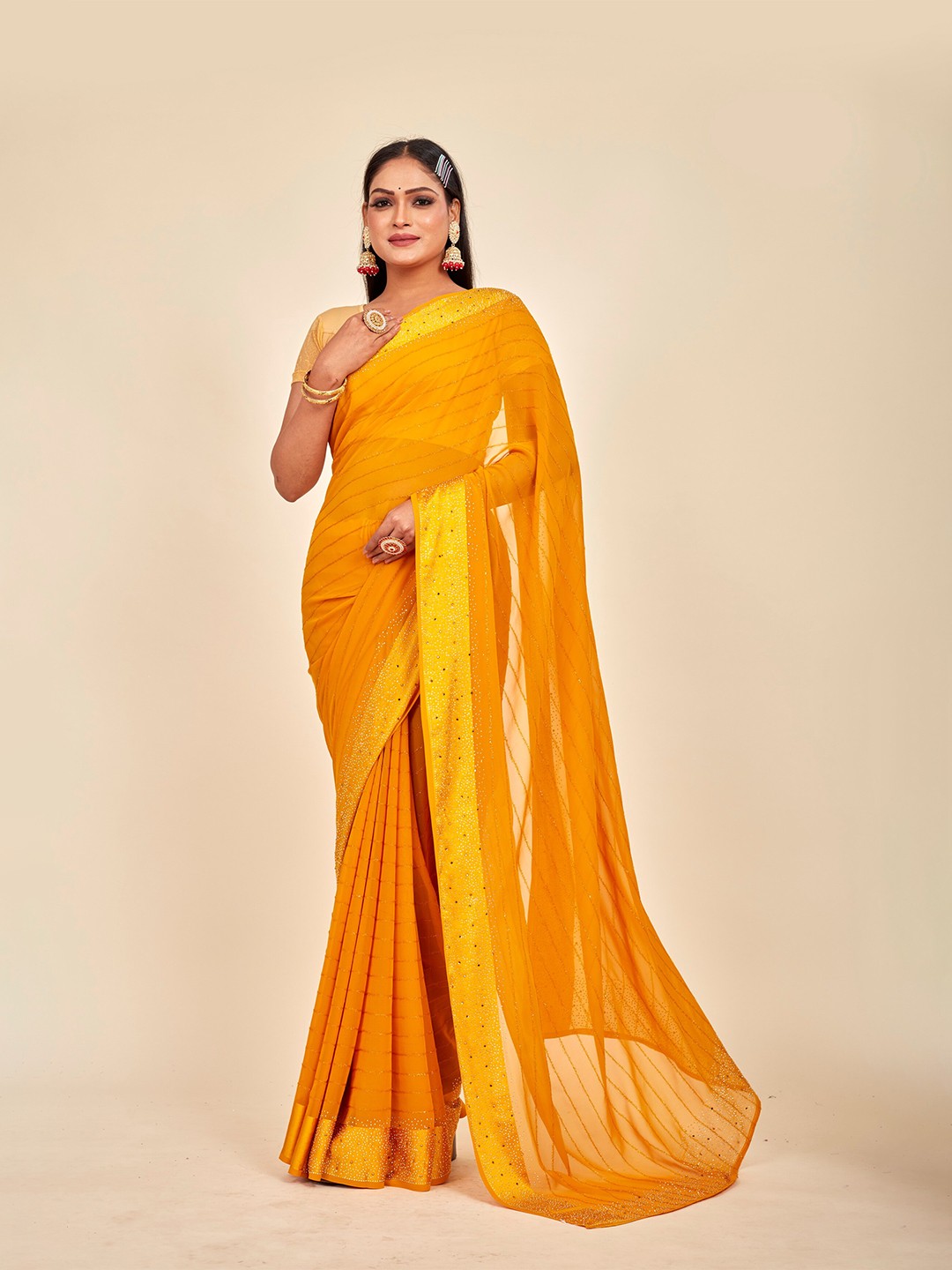 

MAHALASA Embellished Embroidered Pure Georgette Saree, Mustard
