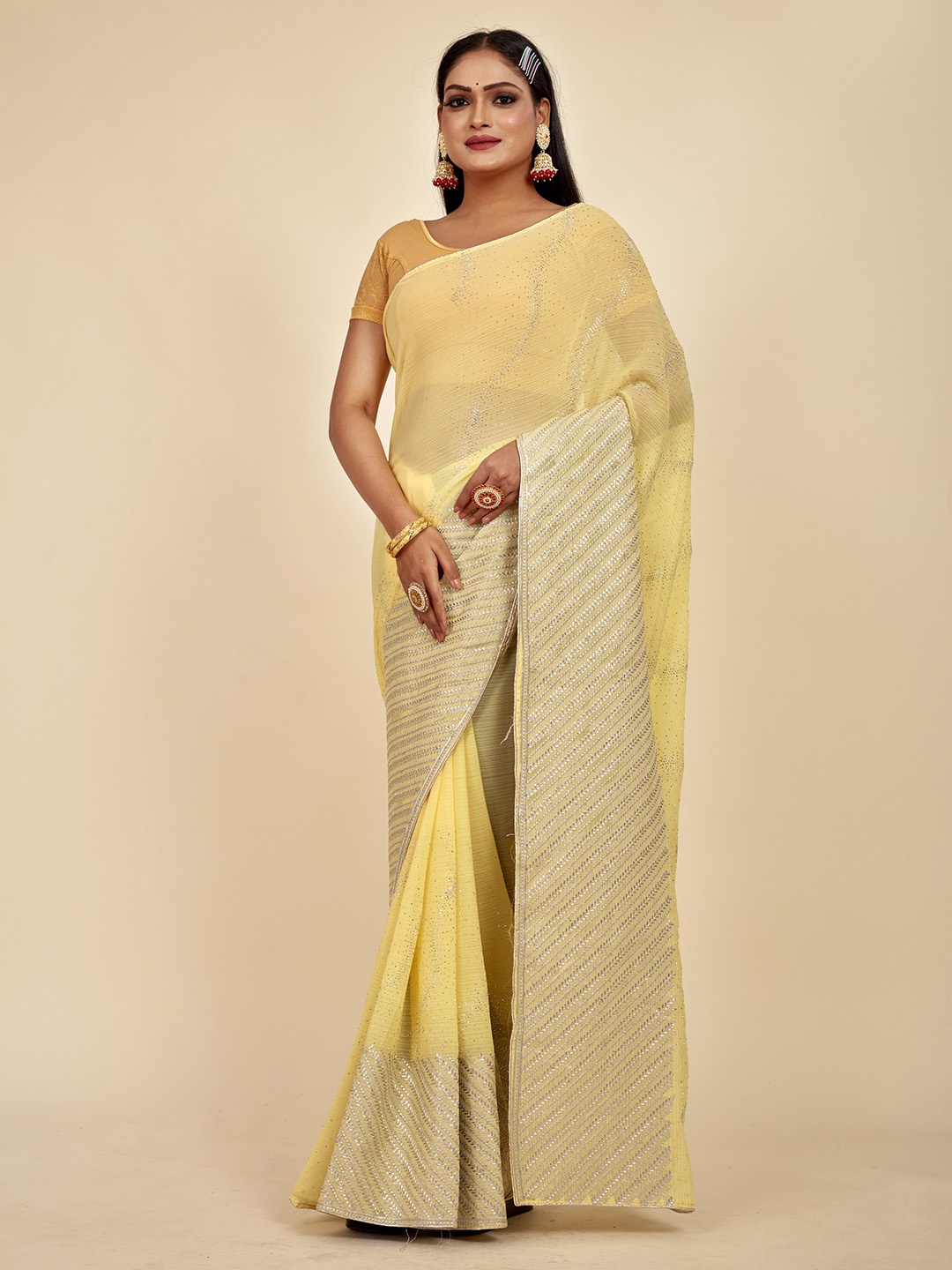 

MAHALASA Yellow Embellished Embroidered Pure Chiffon Saree