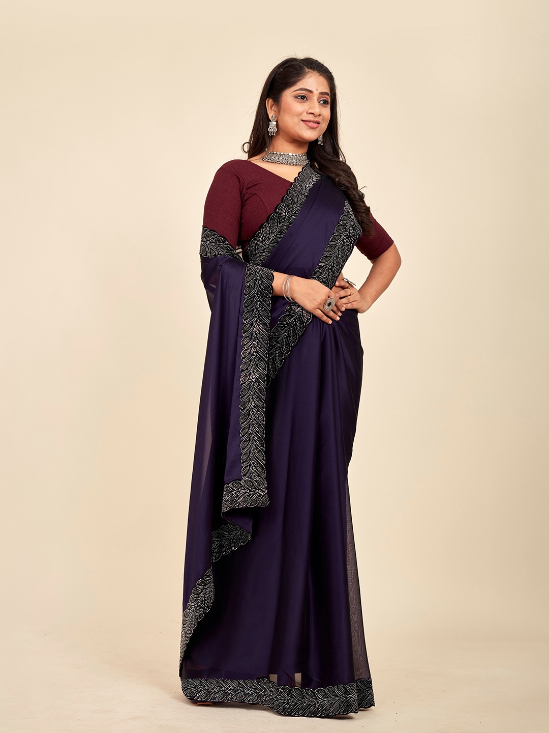

MAHALASA Beads and Stones Embellished Embroidered Saree, Navy blue