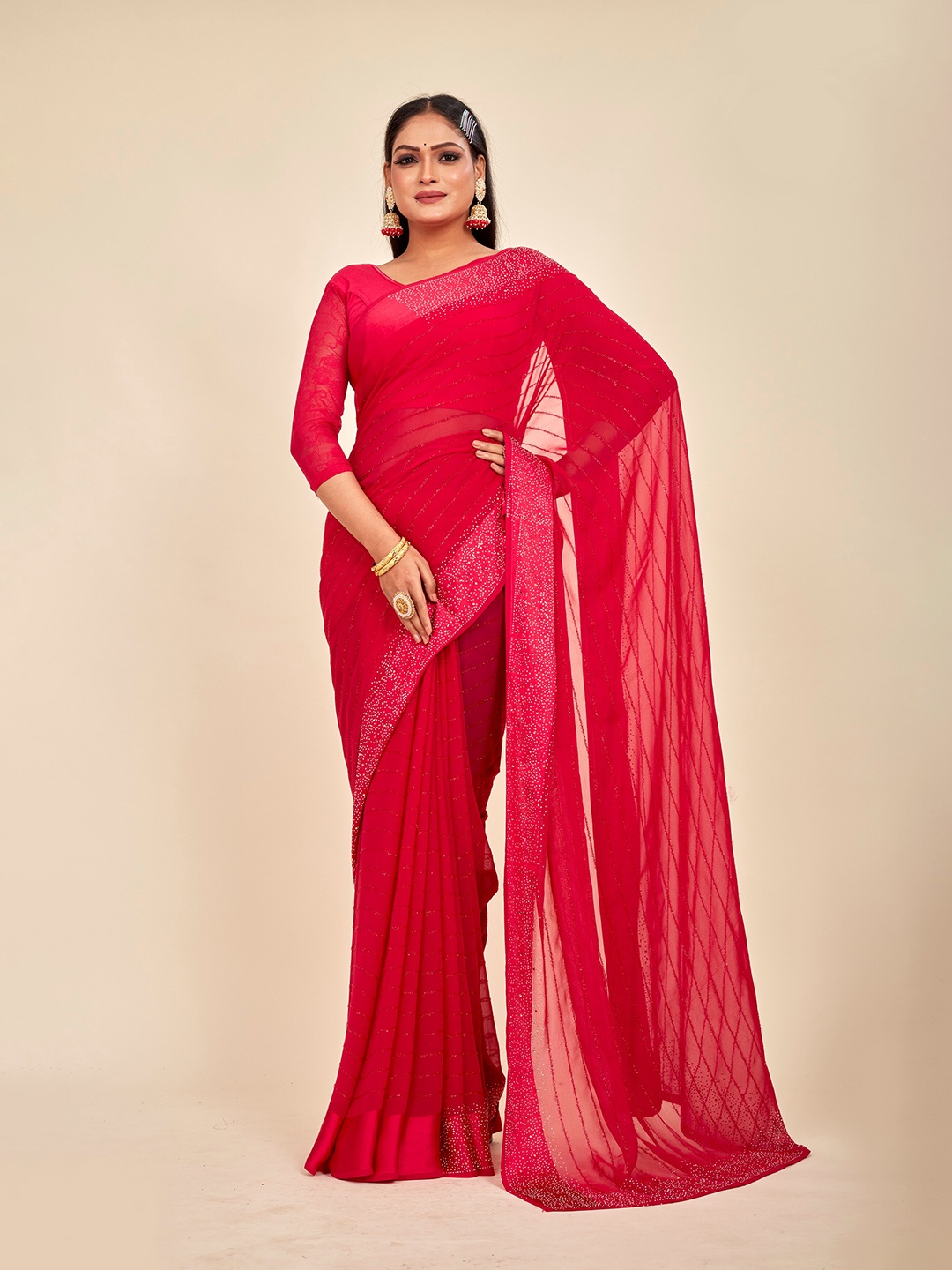 

MAHALASA Embellished Beads and Stones Saree, Red