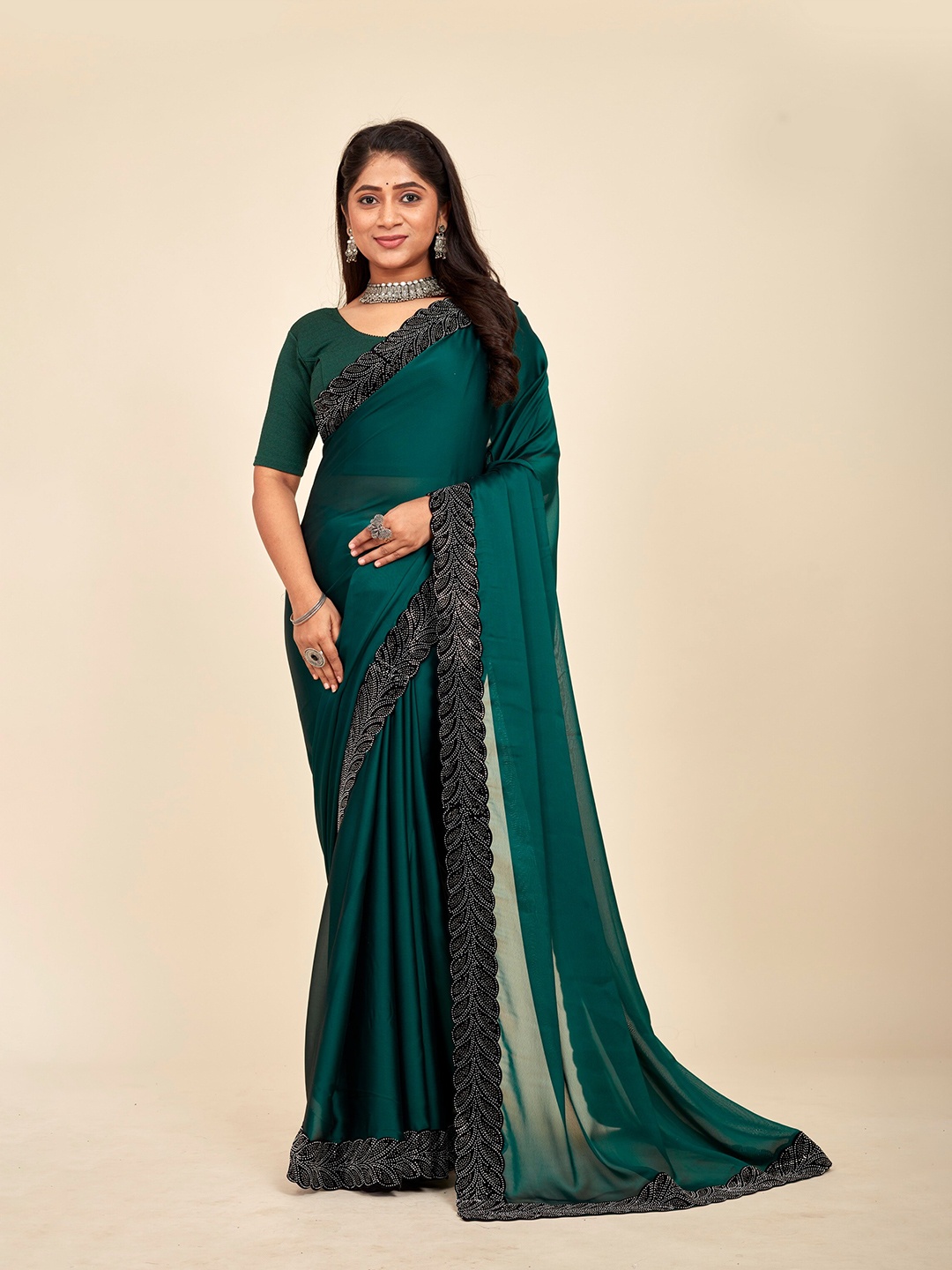 

MAHALASA Embellished Beads and Stones Saree, Green