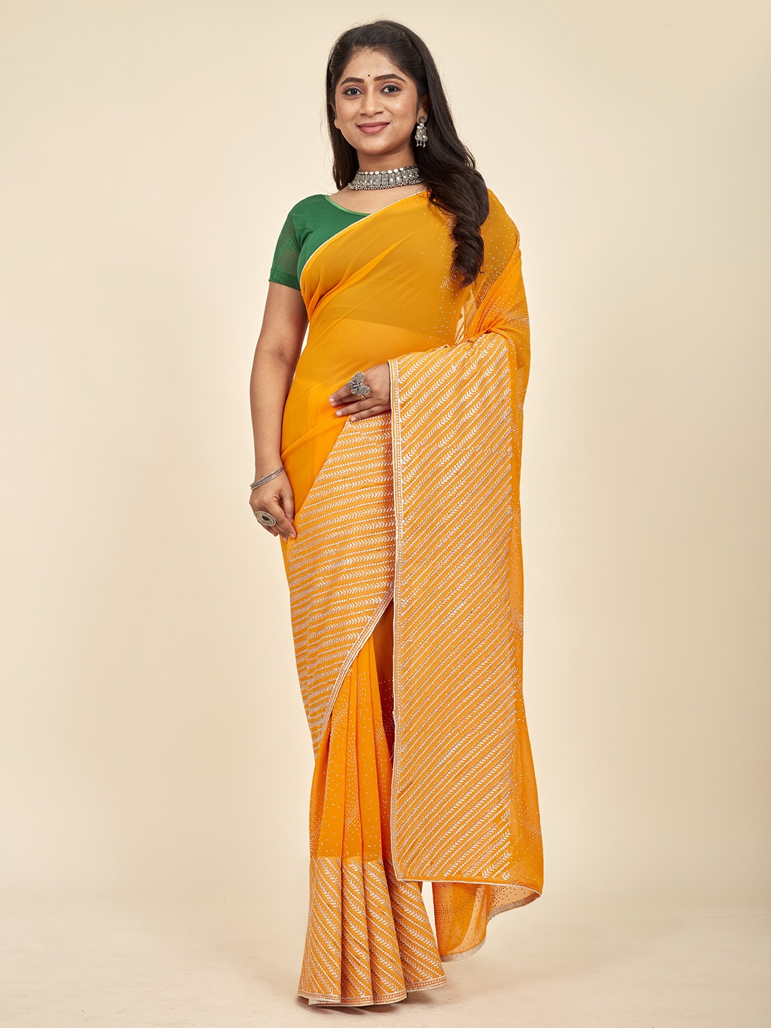 

MAHALASA Embroidered Pure Chiffon Saree, Orange