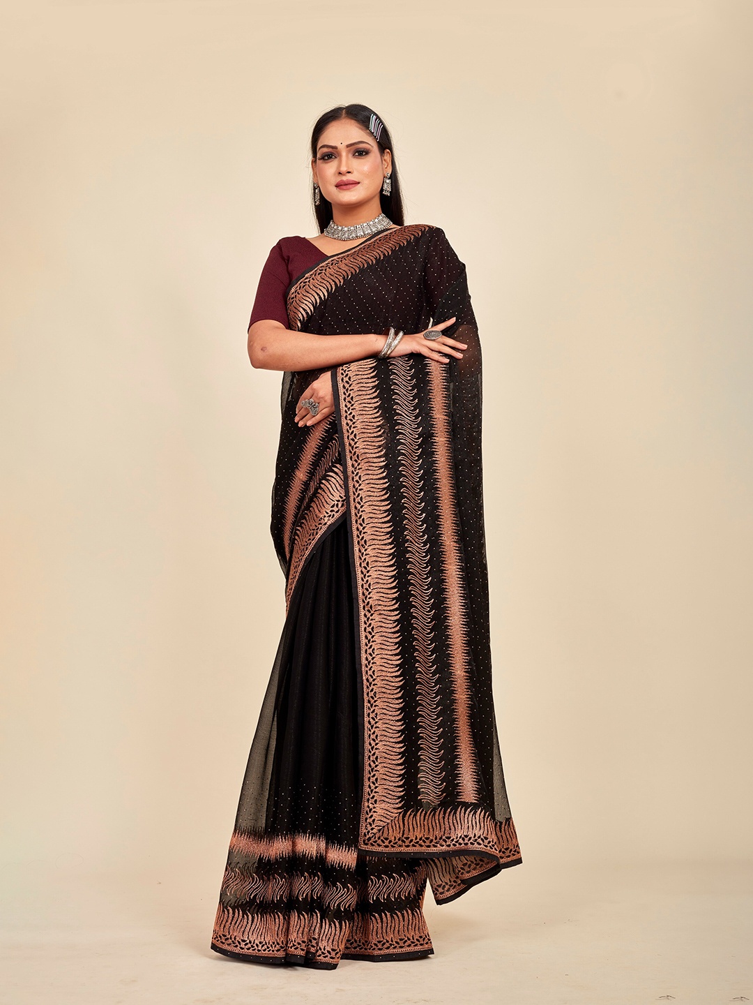 

MAHALASA Embellished Embroidered Saree, Black