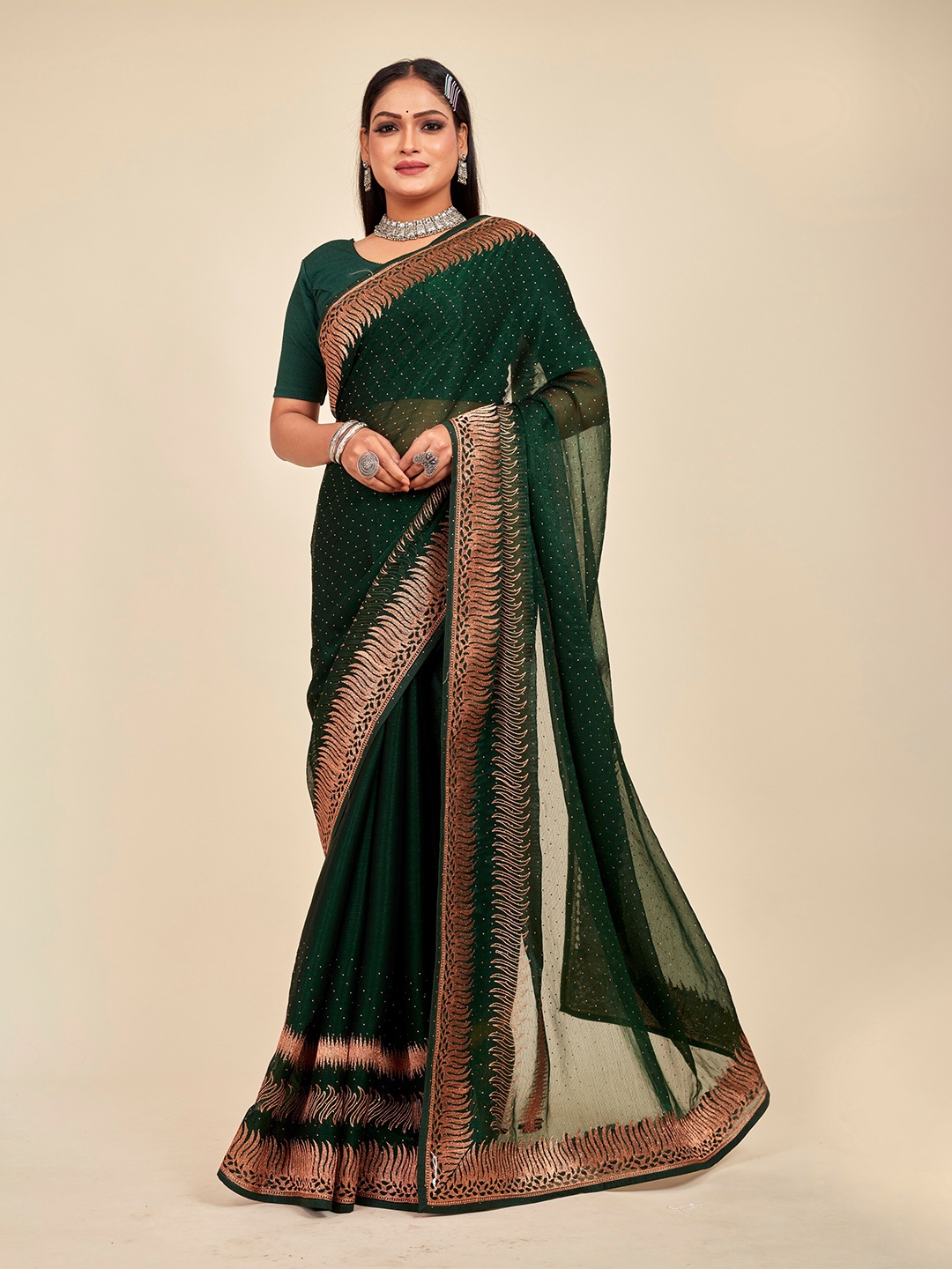 

MAHALASA Embellished Embroidered Organza Saree, Olive