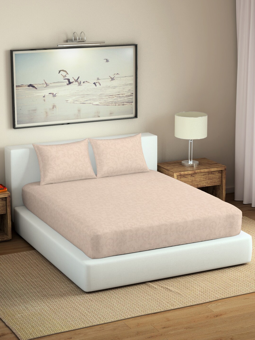 

SPACES Aurama Cream Floral Jacquard Cotton 300 TC King Bedsheet with 2 Pillow Covers
