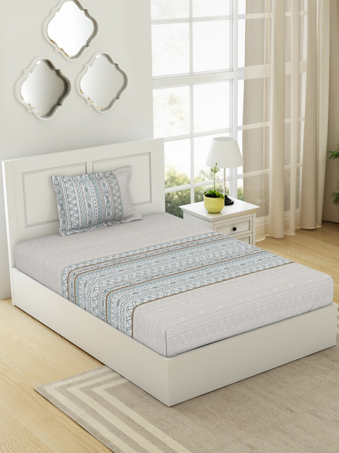 

SPACES Gypsy Geometric Pure Cotton 144 TC Single Bedsheet with 1 Pillow Covers, Grey