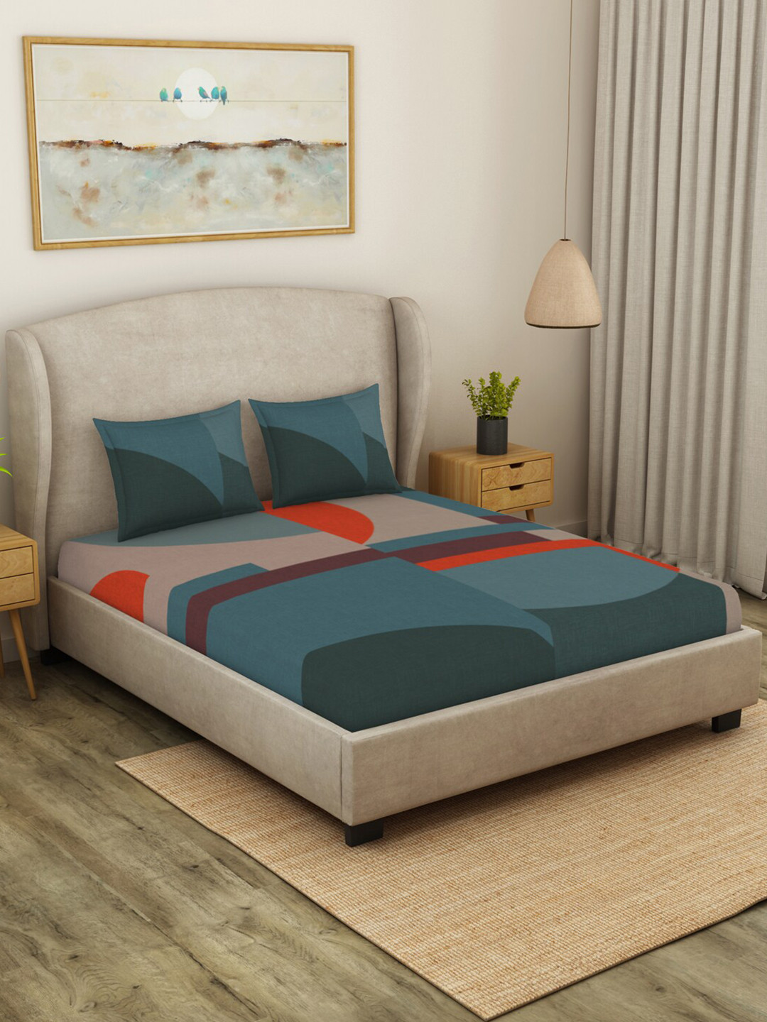 

SPACES Canvas Blue Geometric Cotton 140 TC King Bedsheet With 2 Pillow Covers