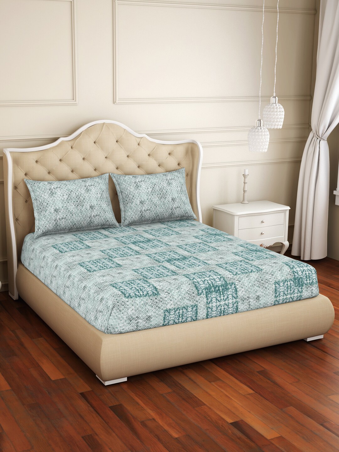 

SPACES Adonia Green Floral Cotton 144 TC Anti Bacterial King Bedsheet with 2 Pillow Covers