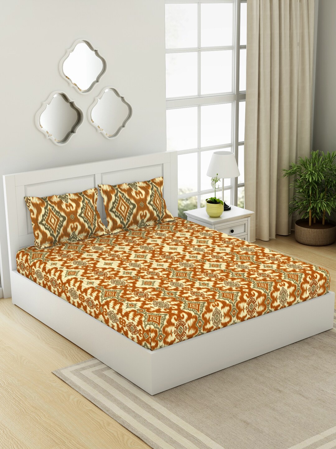 

SPACES Ikkat Yellow Geometric 144 TC King Bedsheet with 2 Pillow Covers