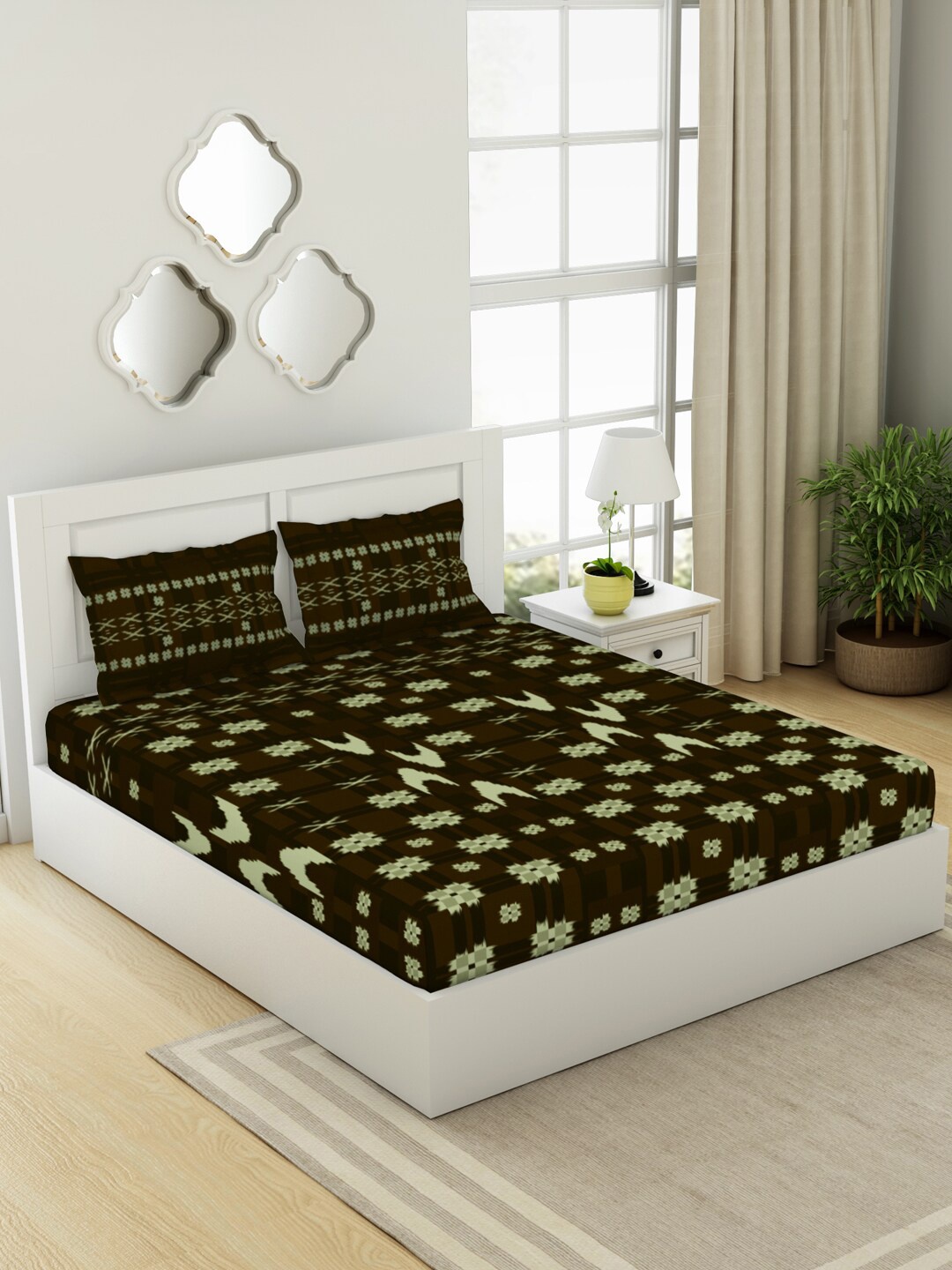 

SPACES Olive Printed Pure Cotton 144 TC Double King Bedsheet With 2 Pillow Covers