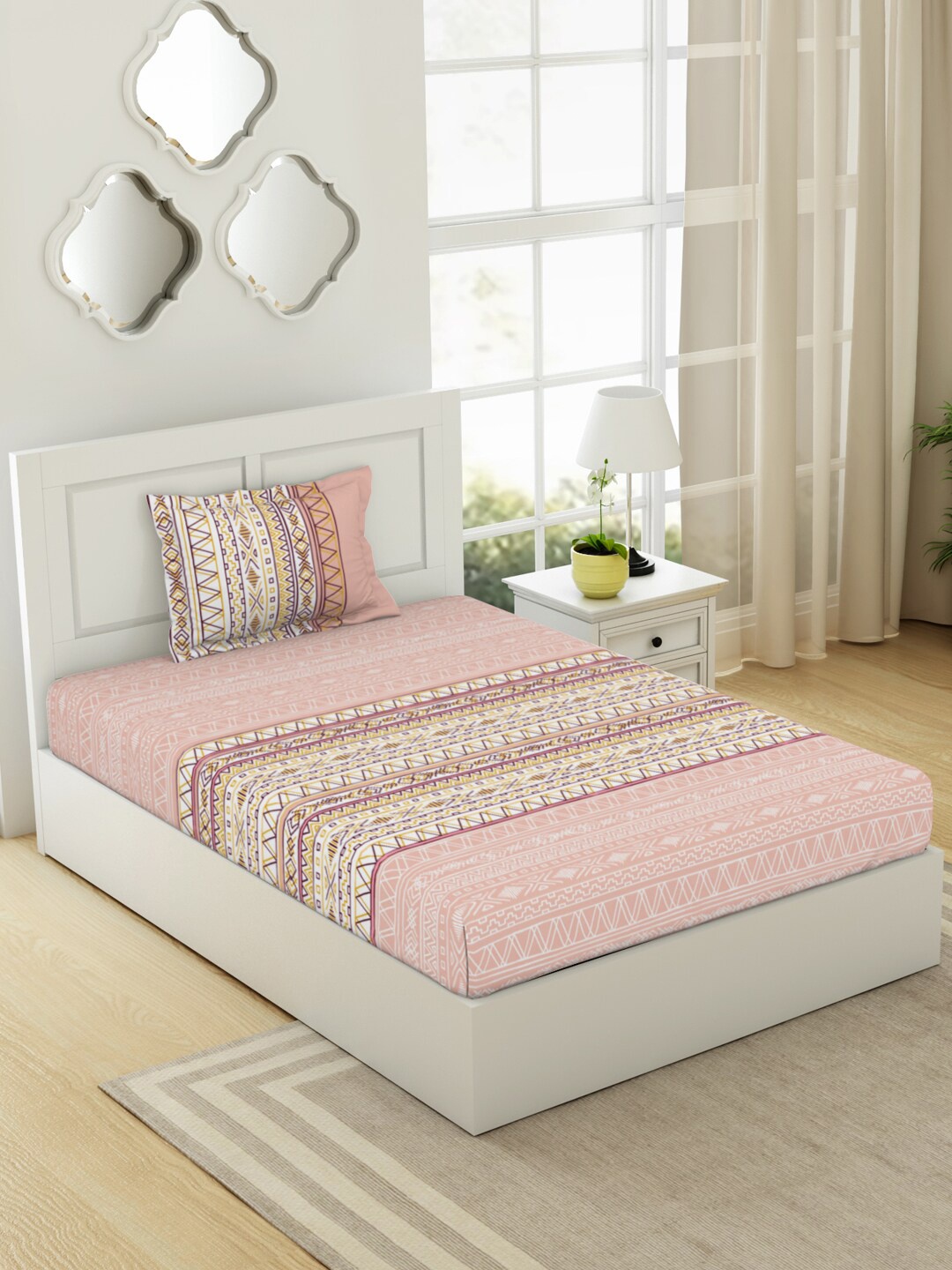 

SPACES Gypsy Pink Geometric Pure Cotton 144 TC Single Bedsheet with 1 Pillow Covers