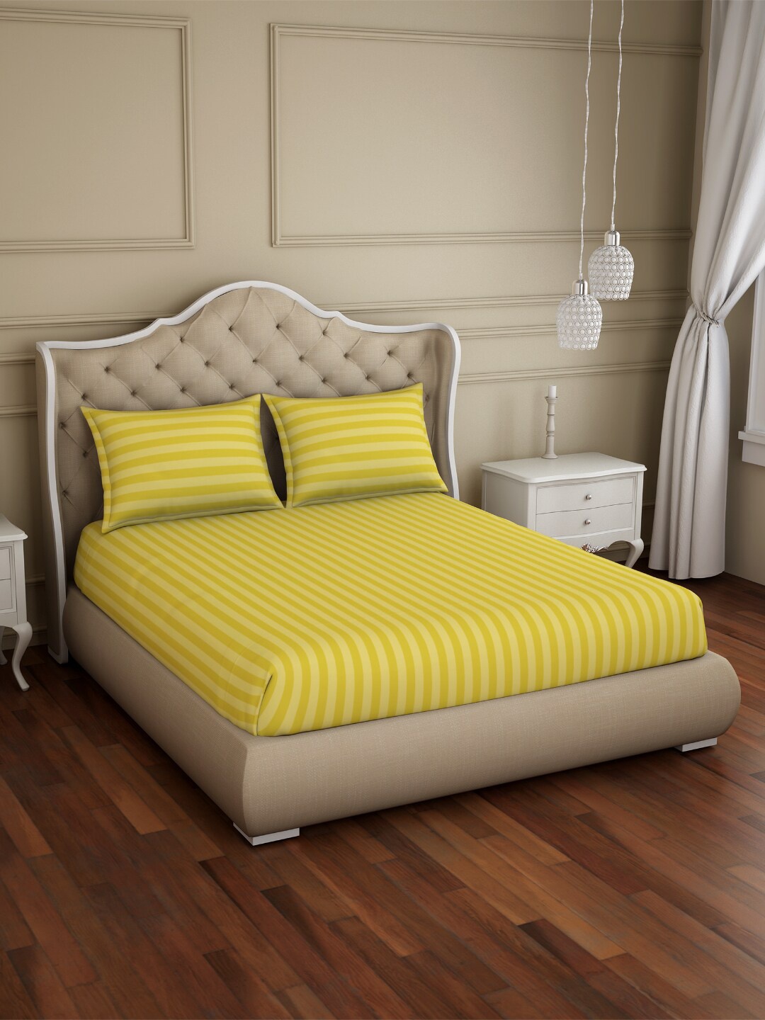 

SPACES Skyrise Gold-Toned Striped Cotton 210 TC Fitted King Bedsheet with 2 Pillow Covers