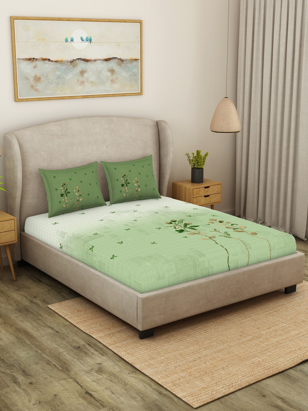 

SPACES Artisan Green Floral Pure Cotton 140 TC King Bedsheet with 2 Pillow Covers