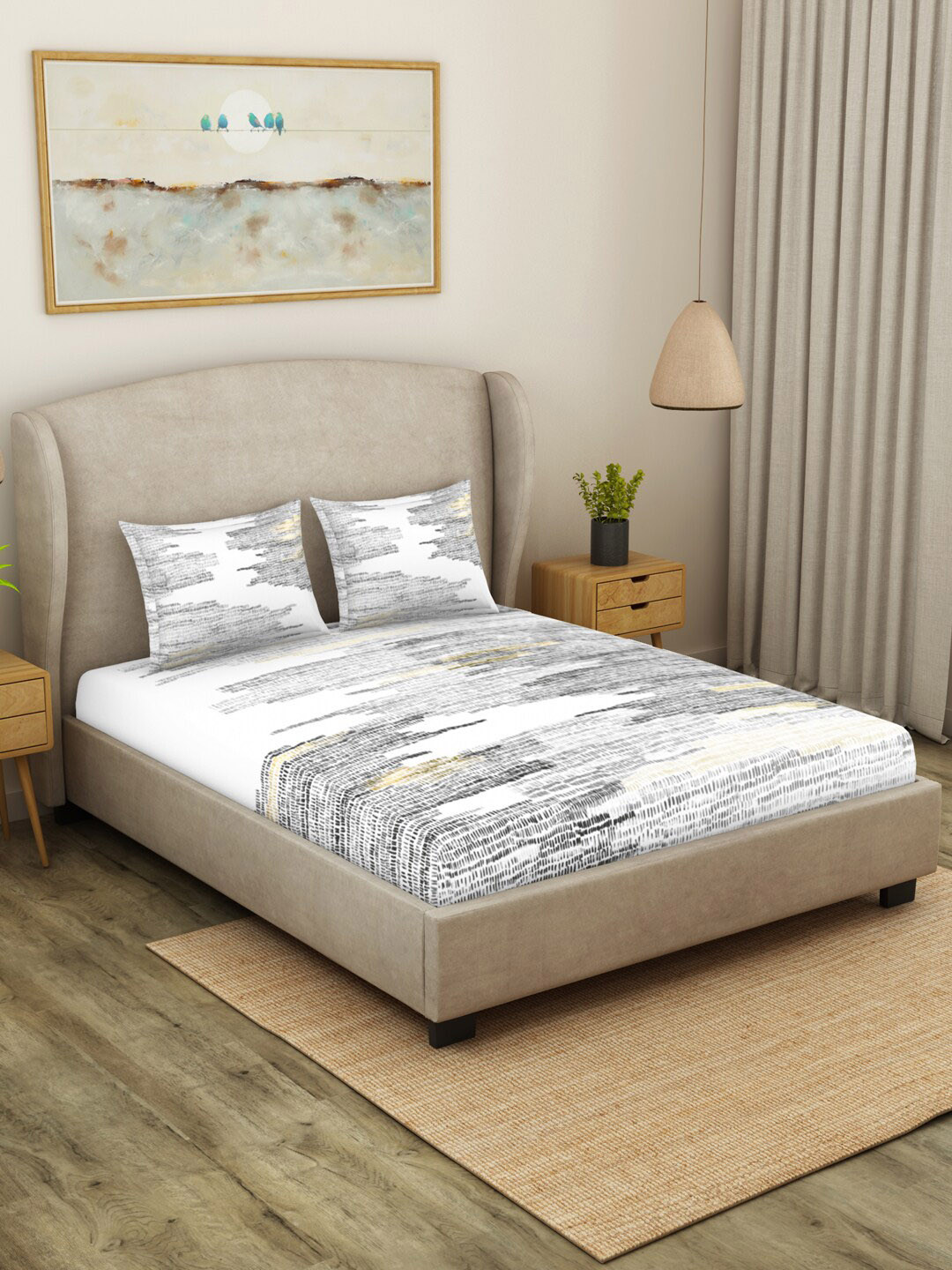 

SPACES Starry Night Grey Geometric 140 TC Cotton King Bedsheet with 2 Pillow Covers