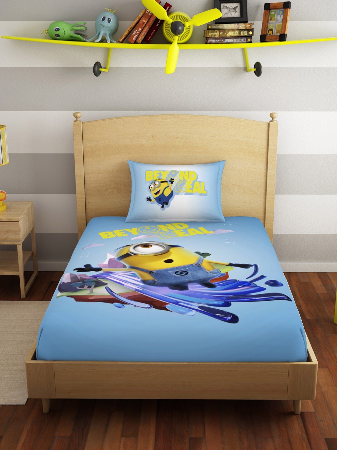

SPACES Blue & Yellow Cartoon 180 TC Cotton Single Bedsheet with 1 Pillow Cover