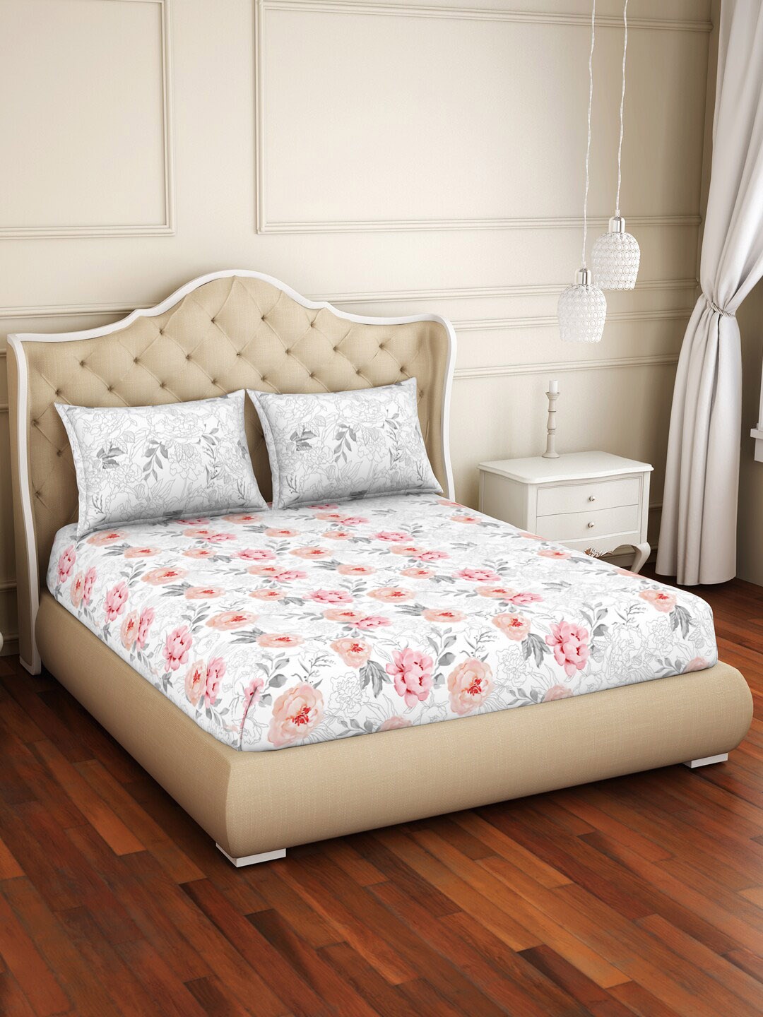 

SPACES Coral 3 Pieces Floral 144 TC Double King Bedsheet Set