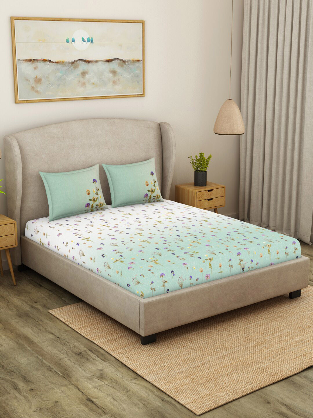 

SPACES Blue Floral 140 TC King Bedsheet with 2 Pillow Covers, Green